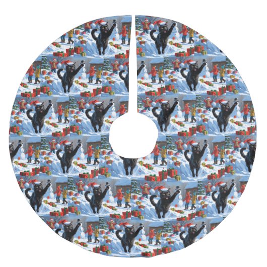 Black Cat Weihnachtsfest Schneeszene Polyester Weihnachtsbaumdecke (Vorderseite)