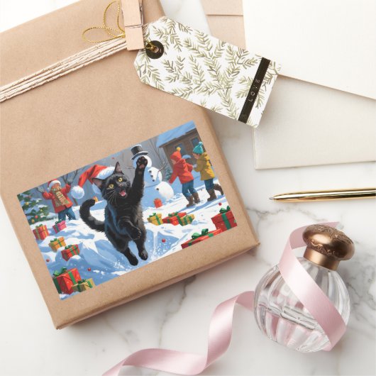 Black Cat Weihnachtsfest Schneeszene Rechteckiger Aufkleber (Schenken)