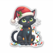 Black Cat Weihnachtslicht Weihnachtsmannmütze Funn Aufkleber (Vorderseite)