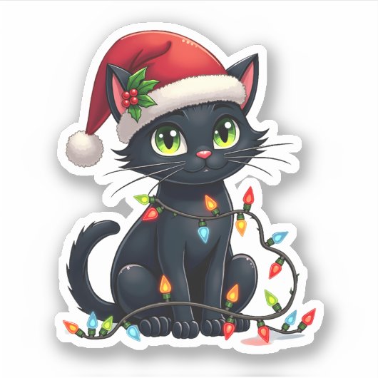 Black Cat Weihnachtslicht Weihnachtsmannmütze Funn Aufkleber (Vorderseite)