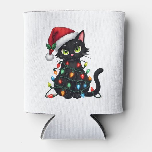 Black Cat Weihnachtslicht Weihnachtsmannmütze Funn Dosenkühler (Vorderseite)