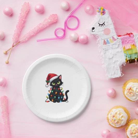 Black Cat Weihnachtslicht Weihnachtsmannmütze Funn Pappteller (Party)
