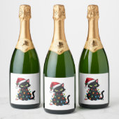 Black Cat Weihnachtslicht Weihnachtsmannmütze Funn Schaumweinetikett (Flaschen)