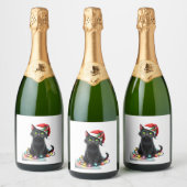 Black Cat Weihnachtslicht Weihnachtsmannmütze Funn Schaumweinetikett (Flaschen)