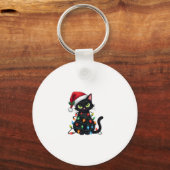 Black Cat Weihnachtslicht Weihnachtsmannmütze Funn Schlüsselanhänger (Vorderseite)