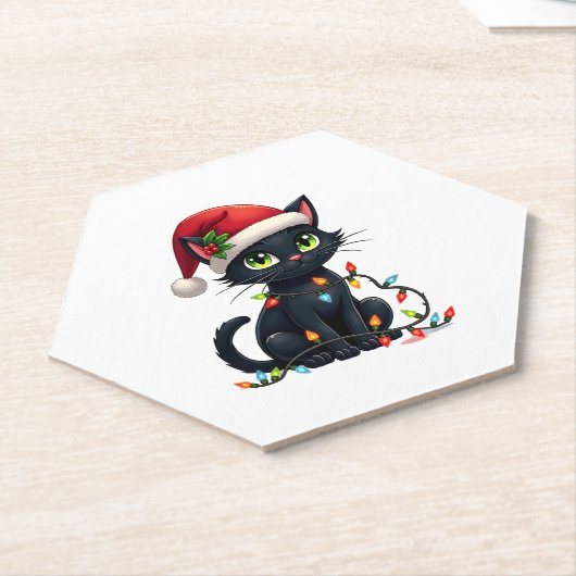 Black Cat Weihnachtslicht Weihnachtsmannmütze Funn Untersetzer (angewinkelt)