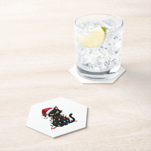 Black Cat Weihnachtslicht Weihnachtsmannmütze Funn Untersetzer (Vor Ort)