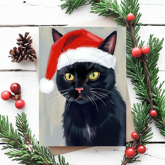 Black Cat Weihnachtsmalerei Weihnachtsmannmütze Feiertagspostkarte