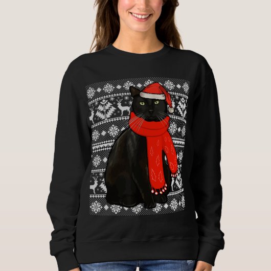 Black Cat Weihnachtsmannmütze Ugly Christmas Sweat Sweatshirt (Vorderseite)