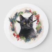 Black Cat Weihnachtsschreath Festivals Kitten Große Wanduhr (Vorderseite)