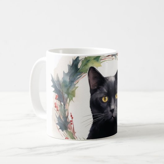 Black Cat Weihnachtsschreath Festivals Kitten Kaffeetasse (Vorderseite Links)