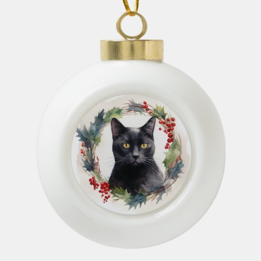 Black Cat Weihnachtsschreath Festivals Kitten Keramik Kugel-Ornament (Vorderseite)