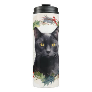 Black Cat Weihnachtsschreath Festivals Kitten Thermosbecher