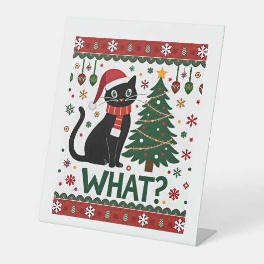 Black Cat What Pushing Christmas Tree Funny Cat Xm Sockelschild (Vorderseite)