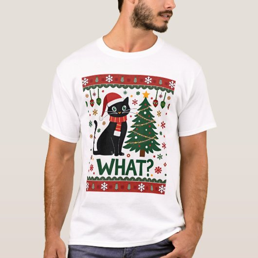 Black Cat What Pushing Christmas Tree Funny Cat Xm T-Shirt (Vorderseite)