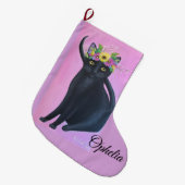 Black Cat Whimsical Art Großer Weihnachtsstrumpf (Vorderansicht (hängend))