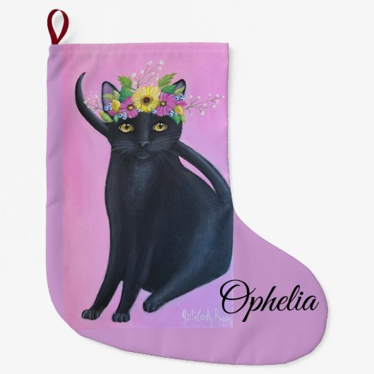 Black Cat Whimsical Art Großer Weihnachtsstrumpf (Vorderseite)