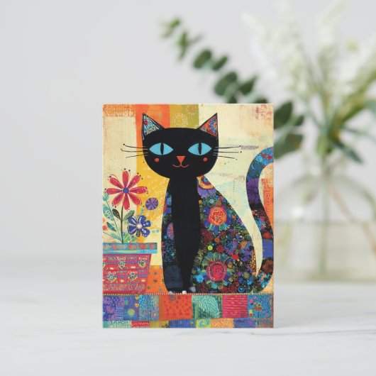 Black Cat Whimsical Artwork Postkarte (Stehend Vorderseite)