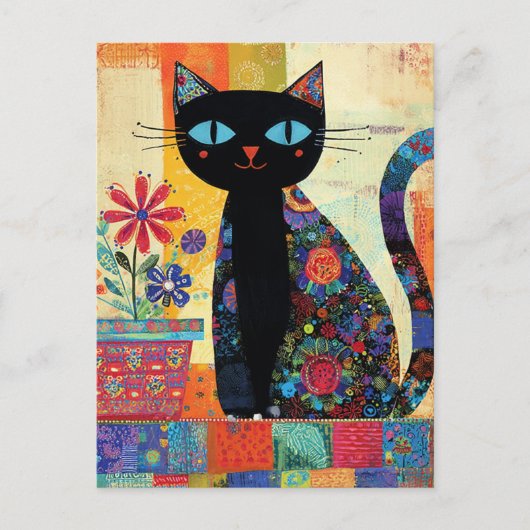 Black Cat Whimsical Artwork Postkarte (Vorderseite)