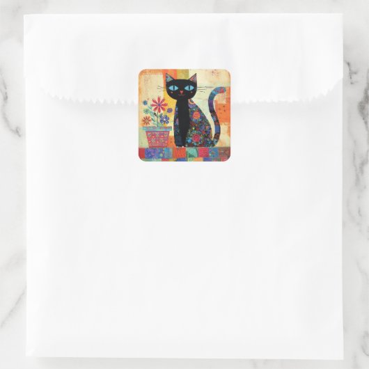 Black Cat Whimsical Artwork Quadratischer Aufkleber (Tasche)