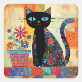 Black Cat Whimsical Artwork Quadratischer Aufkleber (Vorderseite)