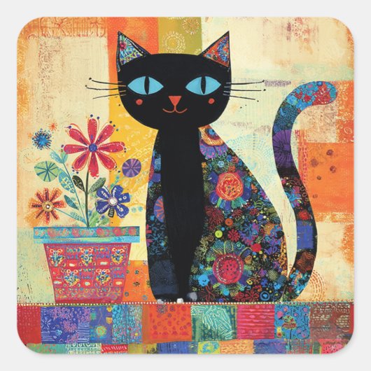 Black Cat Whimsical Artwork Quadratischer Aufkleber (Vorderseite)