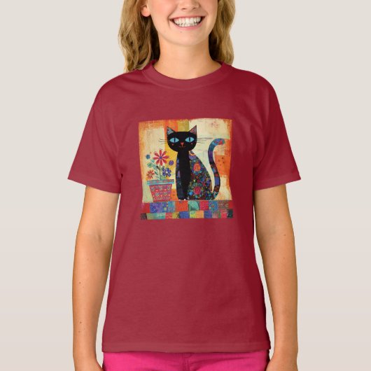 Black Cat Whimsical Artwork T-Shirt (Vorderseite)