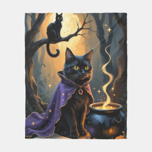 Black Cat Whimsical Halloween Malerei Fleecedecke (Vorderseite)