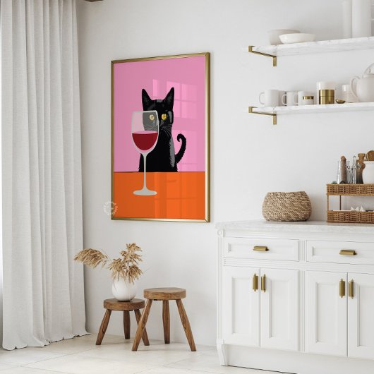 Black Cat Wine Glass Print Poster