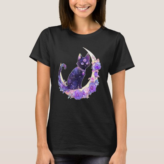 Black Cat Witch Crescent Moon Witchy Crystal Paste T-Shirt (Vorderseite)