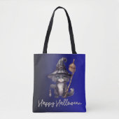 Black Cat Witch hat Broom Blue Happy Halloween Tasche (Vorderseite)