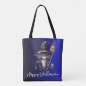 Black Cat Witch hat Broom Blue Happy Halloween Tasche (Rückseite)