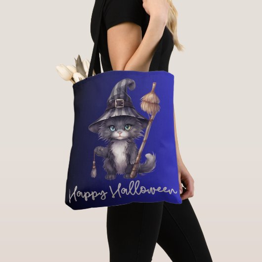 Black Cat Witch hat Broom Blue Happy Halloween Tasche (Von Nahem)
