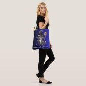 Black Cat Witch hat Broom Blue Happy Halloween Tasche (Am Model)
