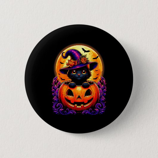 Black Cat Witch Hat Pumpkin Funny Halloween Men Wo Button (Vorderseite)