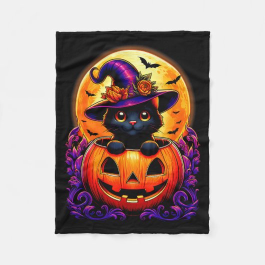 Black Cat Witch Hat Pumpkin Funny Halloween Men Wo Fleecedecke (Vorderseite)