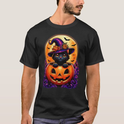 Black Cat Witch Hat Pumpkin Funny Halloween Men Wo T-Shirt (Vorderseite)