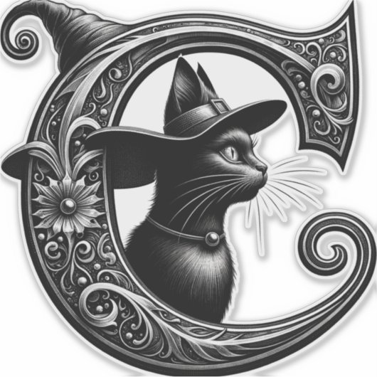 Black Cat Witch Hexerei Letter C Custom Initial Aufkleber (Vorderseite)