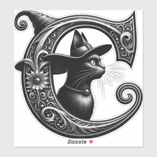Black Cat Witch Hexerei Letter C Custom Initial Aufkleber (Blatt)