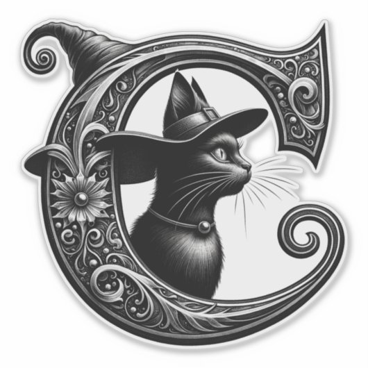 Black Cat Witch Hexerei Letter C Custom Initial Aufkleber (Vorderseite)