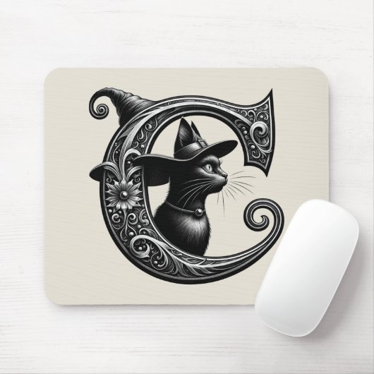Black Cat Witch Hexerei Letter C Custom Initial Mousepad (Mit Mouse)