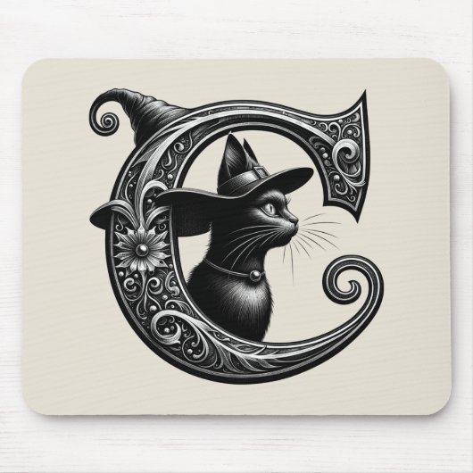 Black Cat Witch Hexerei Letter C Custom Initial Mousepad (Vorne)