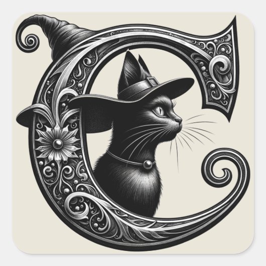 Black Cat Witch Hexerei Letter C Custom Initial Quadratischer Aufkleber (Vorderseite)