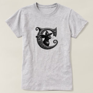 Black Cat Witch Hexerei Letter C Custom Initial T-Shirt