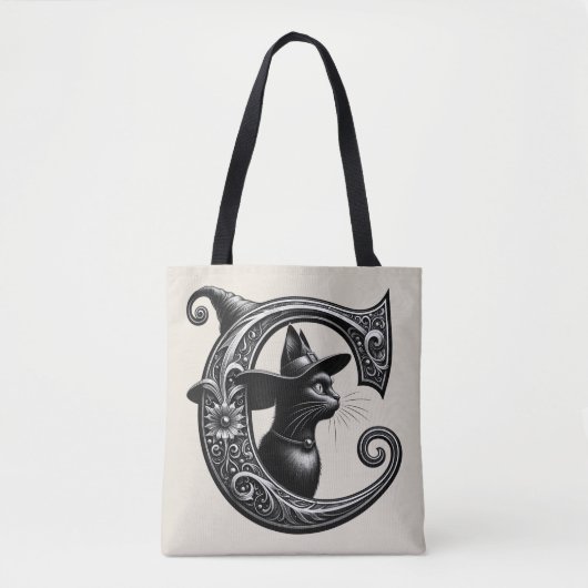 Black Cat Witch Hexerei Letter C Custom Initial Tasche (Vorderseite)