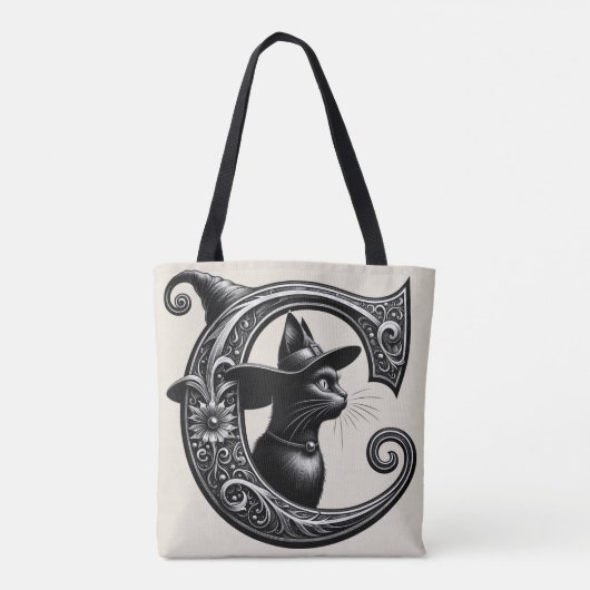 Black Cat Witch Hexerei Letter C Custom Initial Tasche (Rückseite)