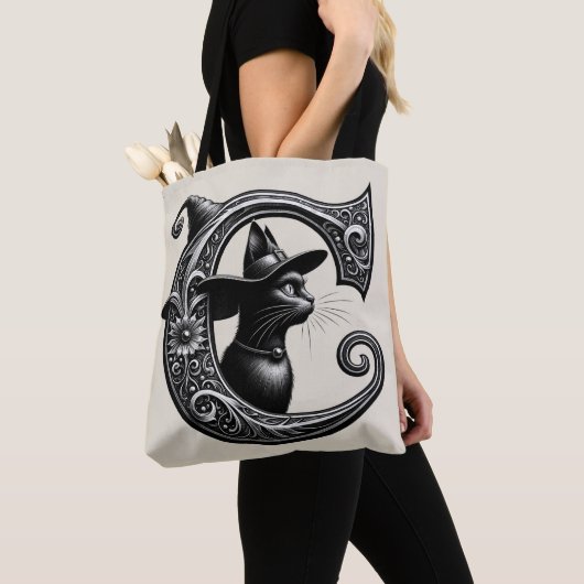Black Cat Witch Hexerei Letter C Custom Initial Tasche (Von Nahem)