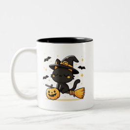 Black Cat Witch on Broomstick & Pumpkin Halloween  Zweifarbige Tasse