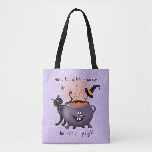 Black Cat & Witch's Cauldron Lila Halloween Tasche (Vorderseite)