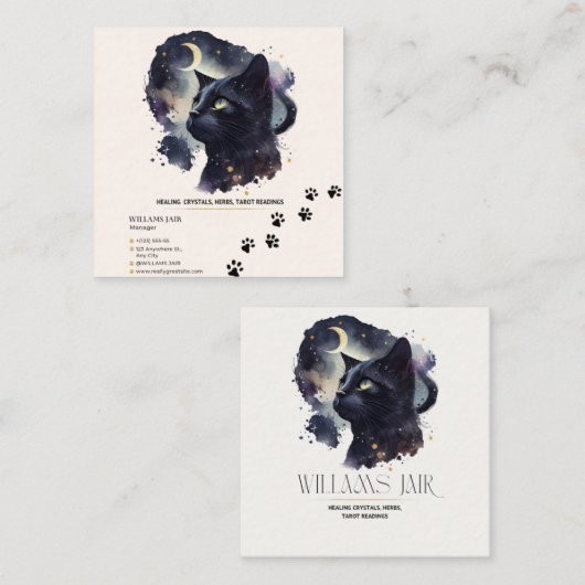 Black Cat Witchy Square Business Card Quadratische Visitenkarte (Vorne/Hinten)